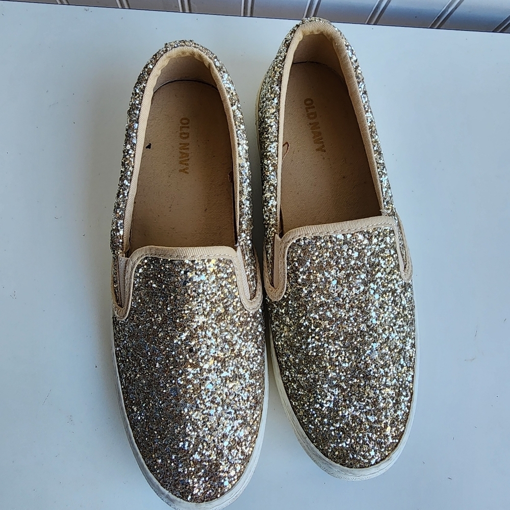 OLD NAVY Taupe Glitter Elastic Sneaker Slip On Womens Gold Size 8 - Picture 5 of 10